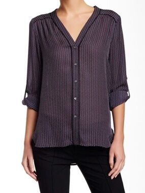 Vince Navy Micro-Print Button-Front V-Neck Blouse